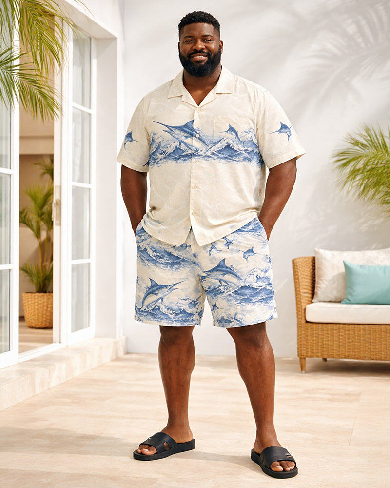 Big & Tall Men's Nautical-Style Wave Sailfish Print Short-Sleeve Shirt And Shorts Set