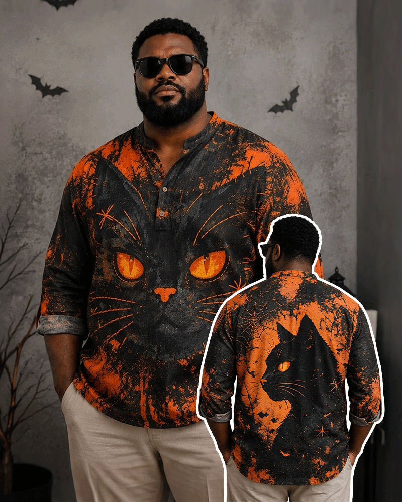 Big & Tall Men's Halloween Black Cat Positive And Reverse Printed Collar Long Sleeve Shirt