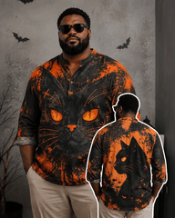 Big & Tall Men's Halloween Black Cat Positive And Reverse Printed Collar Long Sleeve Shirt