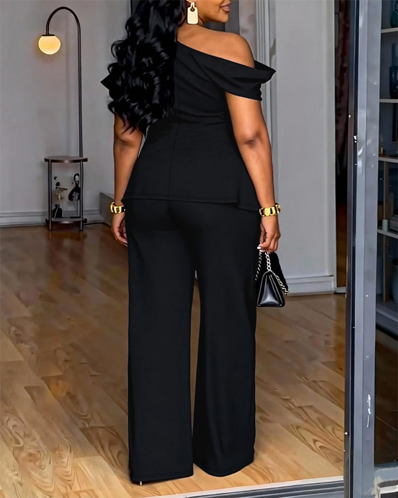 L-4XL Solid Color Casual Slant Neck Asymmetrical Short Sleeve Pants Set