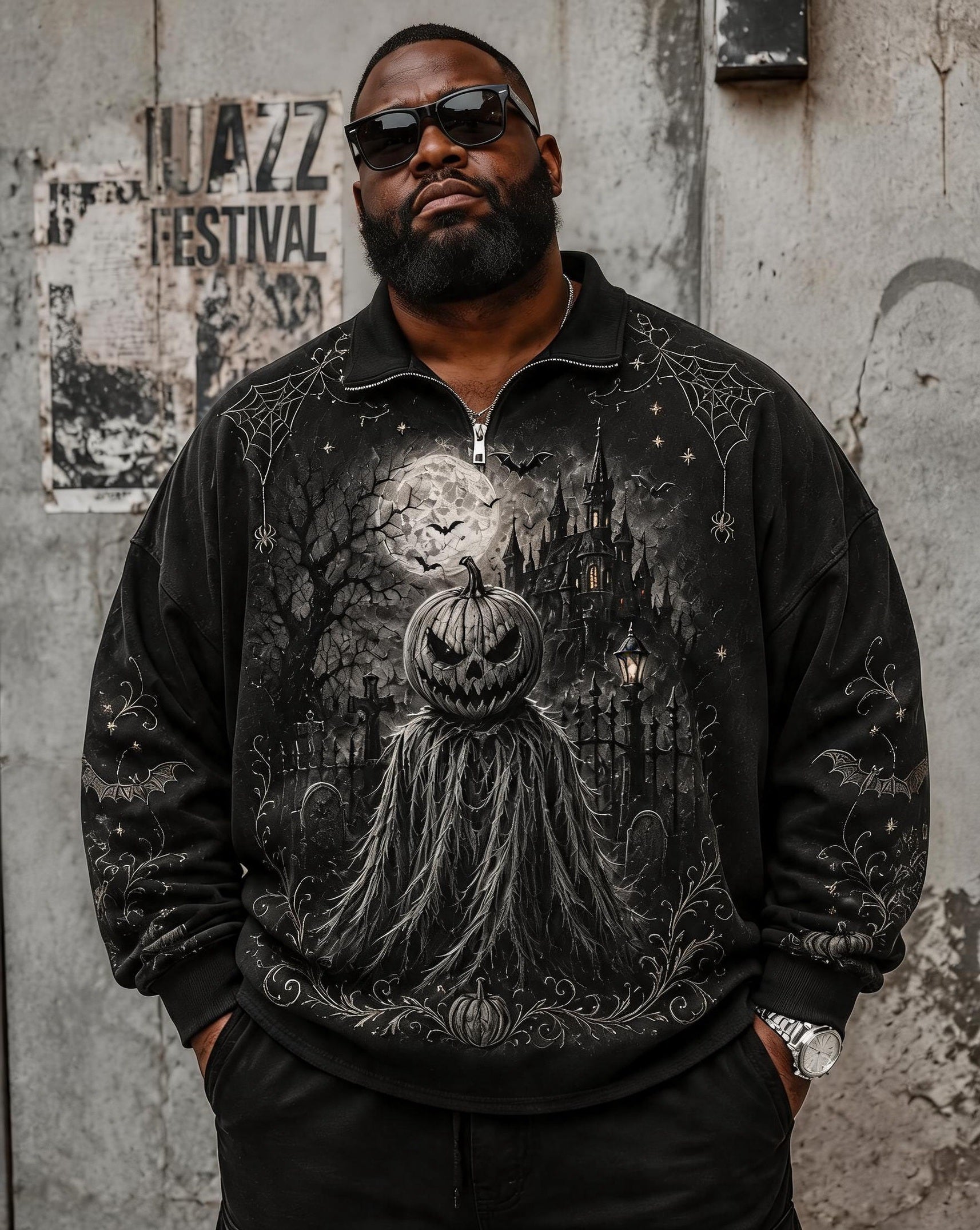 Big & Tall Men's Halloween Dark Castle Pumpkin Ghost Spider Print POLO Collar Zipper Long Sleeve