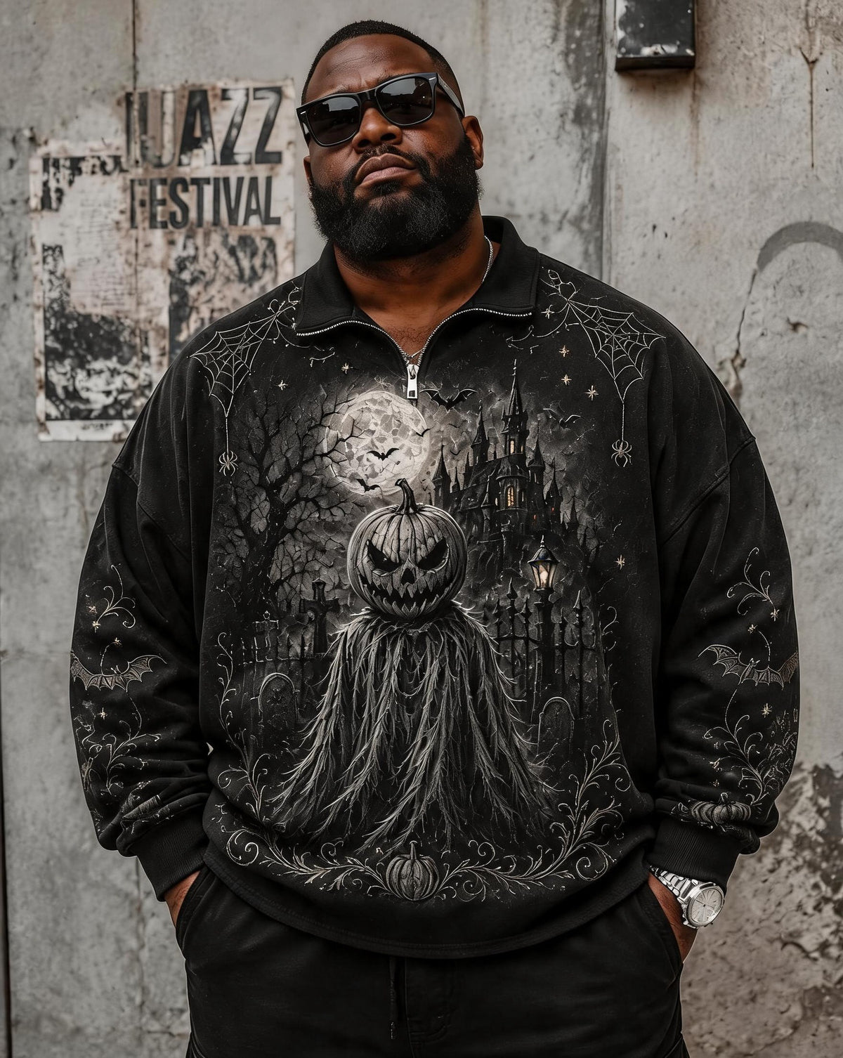 Big & Tall Men's Halloween Dark Castle Pumpkin Ghost Spider Print POLO Collar Zipper Long Sleeve