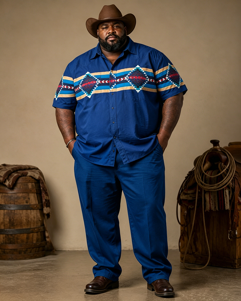 Big & Tall Men's Royal Blue Navajo Geometric Print Short Sleeve Shirt Pants Set