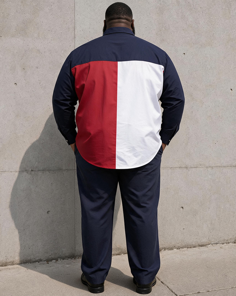 Big & Tall Men's Navy Blue, White And Red Contrast Stitching Printed Long Sleeve Shirt And Trousers Set