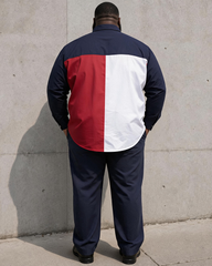 Big & Tall Men's Navy Blue, White And Red Contrast Stitching Printed Long Sleeve Shirt And Trousers Set