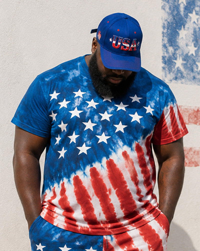 Big & Tall Men's Tie-dye Star-stripe Contrast Printed Crew Neck Short Sleeve T-shirt Shorts Set