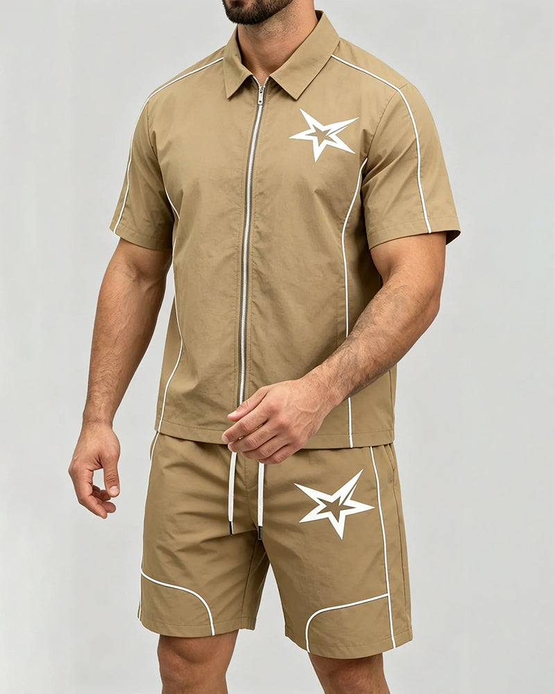 S-6XL Star Print Zip Shirt Set Beach Two-Piece Set