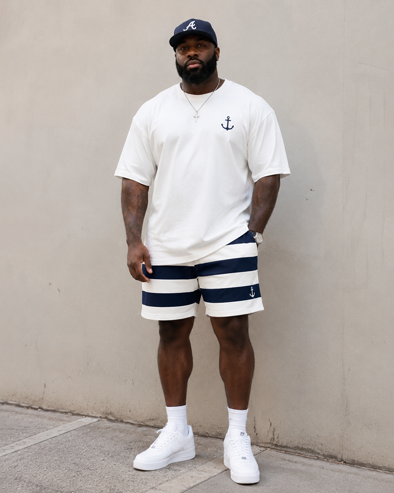 Big & Tall Men's Anchor Horizontal Stripe Printed Round Neck Short Sleeve T-Shirt Shorts Set