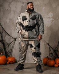 Big & Tall Men's Retro Patchwork Pumpkin Devil Face Print Half-Zip Hoodie Set