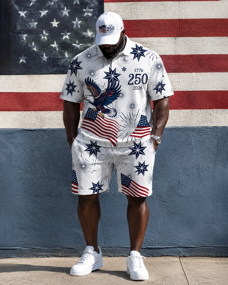 Big & Tall Men's Whitehead Sea Eagle 250 Anniversary Star Strip Fireworks Print POLO Short Sleeve Shorts Set