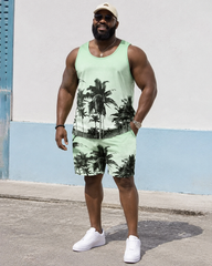 Big & Tall Men's Light Green Gradient Black Coconut Tree Print Vest Shorts Set