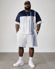 Big & Tall Men's Vertical Stripe Stitching Hanging Printed Crewneck Short Sleeve T-shirt Shorts Set