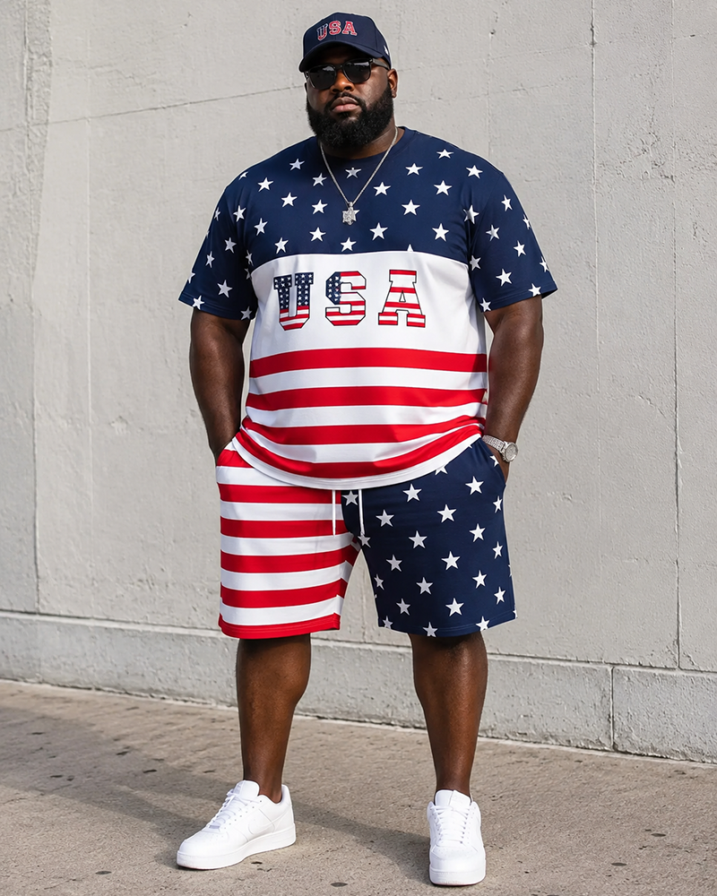 Big & Tall Men's USA Letter Stars And Stripes Patchwork Printed Round Neck Short Sleeve T-Shirt Shorts Set