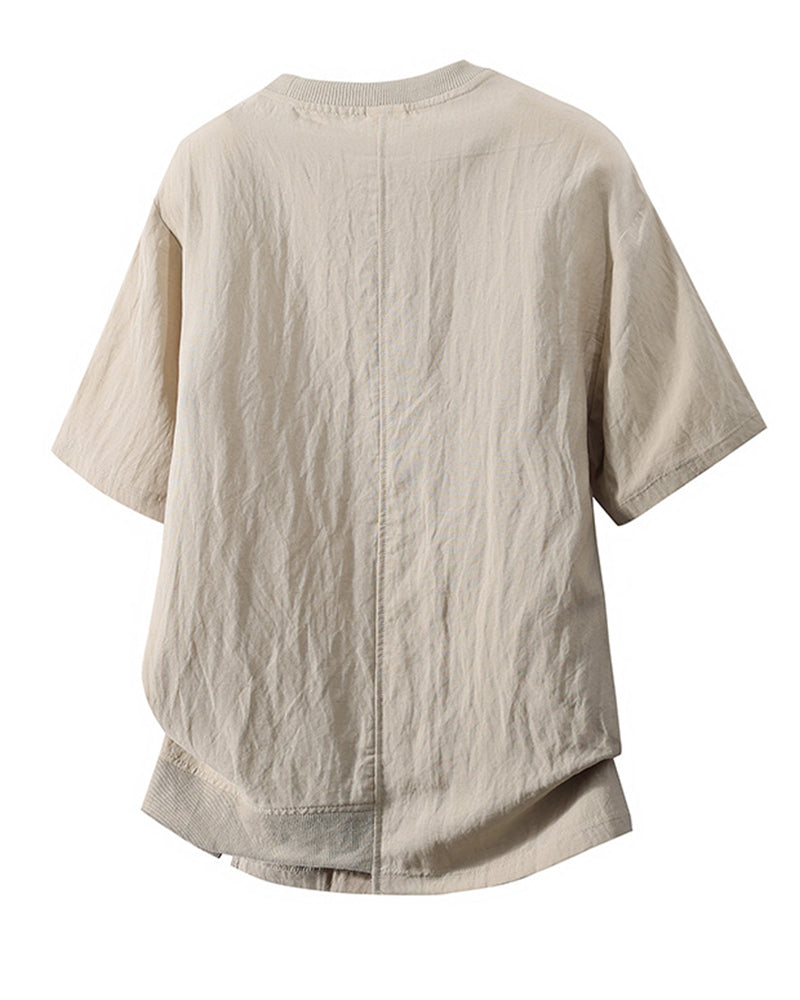 L-9XL Solid Color Striped Double-sided Cotton Round Neck Short Sleeve T-shirt