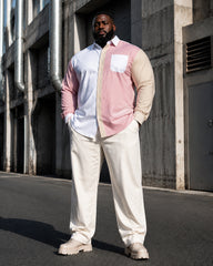 Big & Tall Men's Pink And White Apricot Color Matching Printed Long Sleeve Shirt Trousers Set