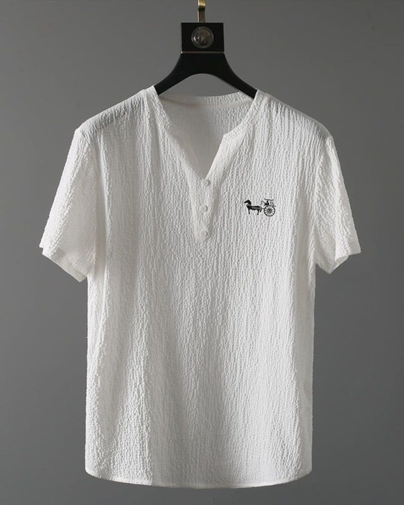 M-4XL Pleated Texture Henley Carriage Embroidered Short Sleeve Pants Set