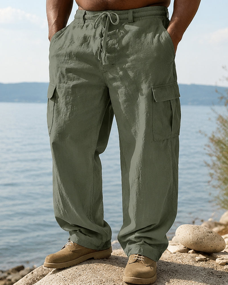 S-3XL Men's Cotton And Linen Overalls Multi-pocket Loose-fit Trousers