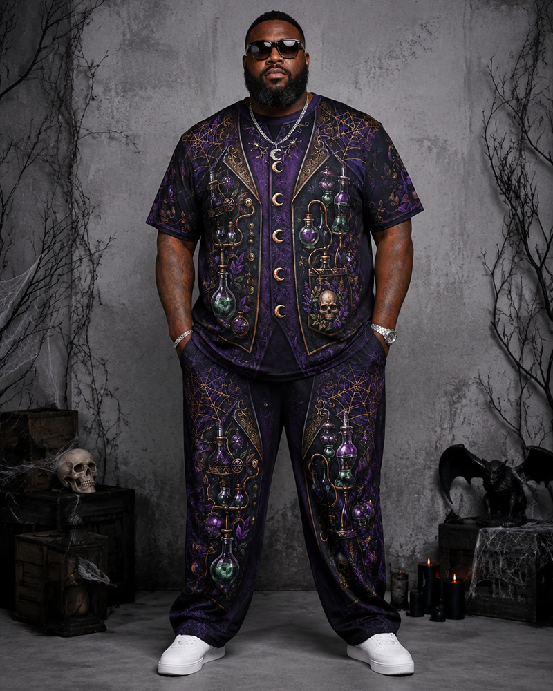 Big & Tall Men's Purple Magic Medicine Bottle Vest Gothic Printed T-Shirt Pants Set