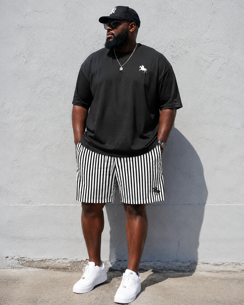Big & Tall Men’s Solid-Color Pony Vertical Stripe Print Crew-Neck Short-Sleeve T-Shirt And Shorts Set