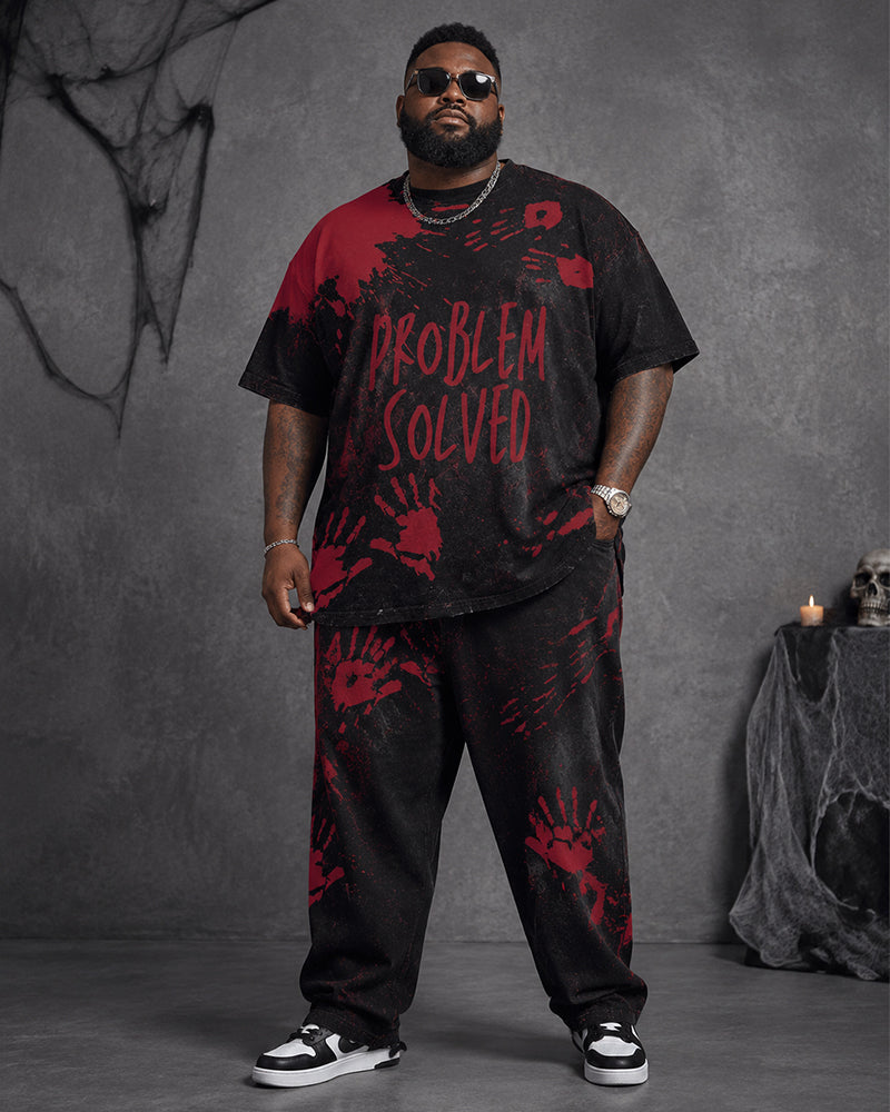 Big & Tall Men's Retro Distressed Blood Handprint Letter Printed T-shirt Trousers Set