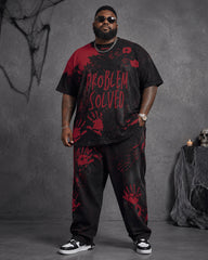 Big & Tall Men's Retro Distressed Blood Handprint Letter Printed T-shirt Trousers Set