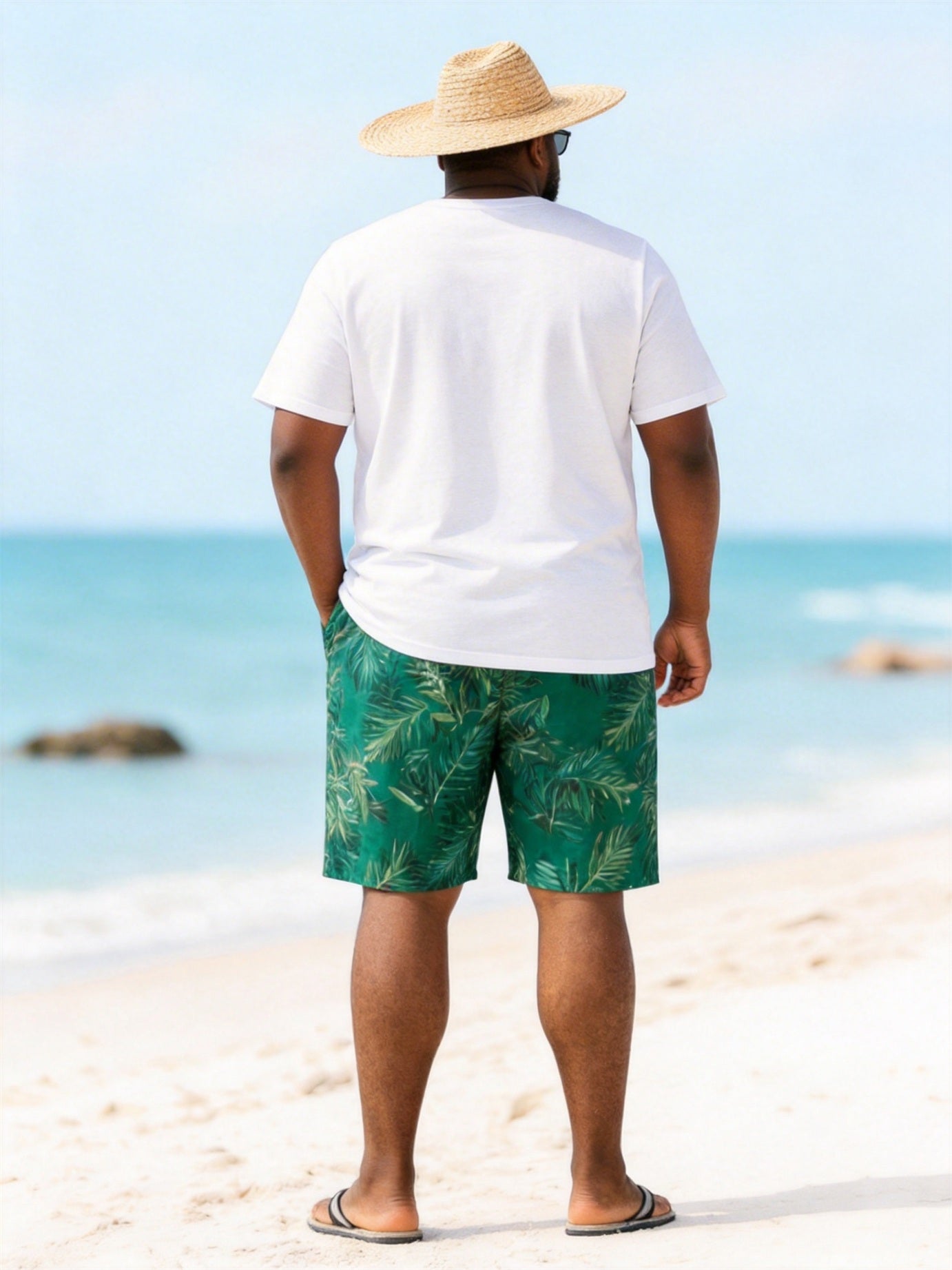 Big & Tall Men WILDERNESS Leaf Print Round Neck Short Sleeve T-Shirt Shorts Set