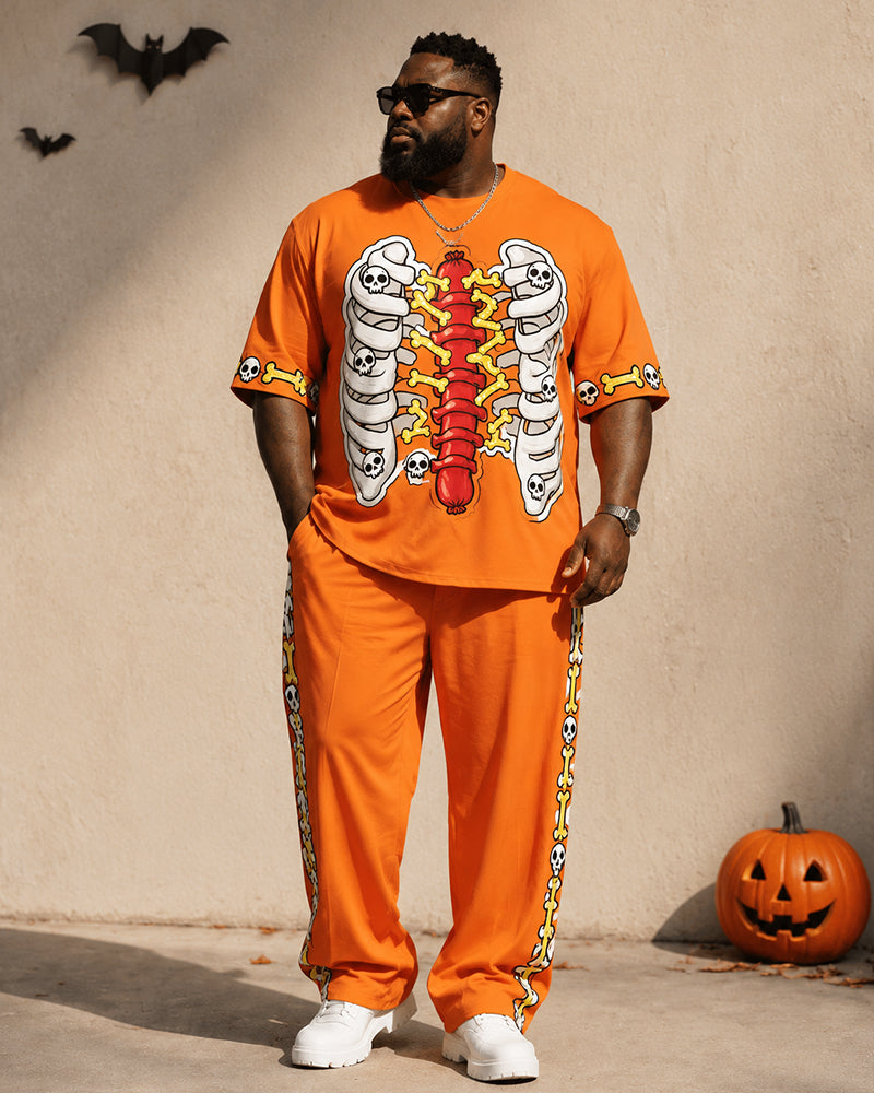 Big & Tall Men's Orange Skull Sausage Ribs Print T-Shirt Pants Set