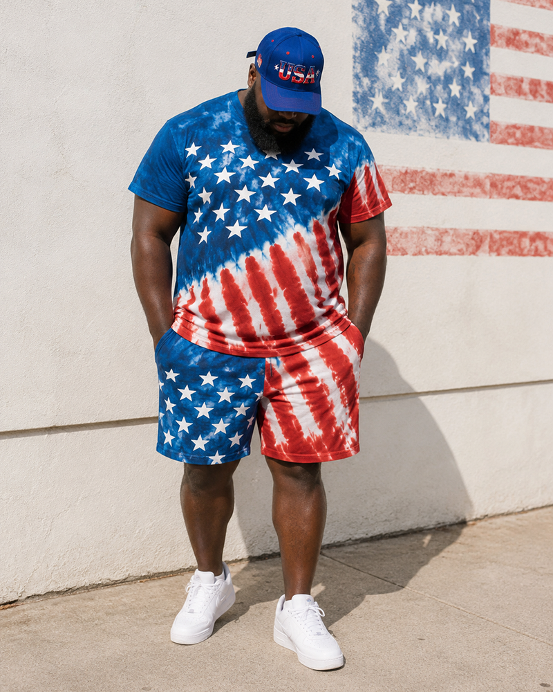 Big & Tall Men's Tie-dye Star-stripe Contrast Printed Crew Neck Short Sleeve T-shirt Shorts Set