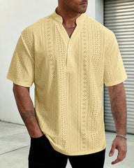 2XL-6XL Solid Color Knitted Water Soluble Jacquard Button Sleeve Men's Shirt