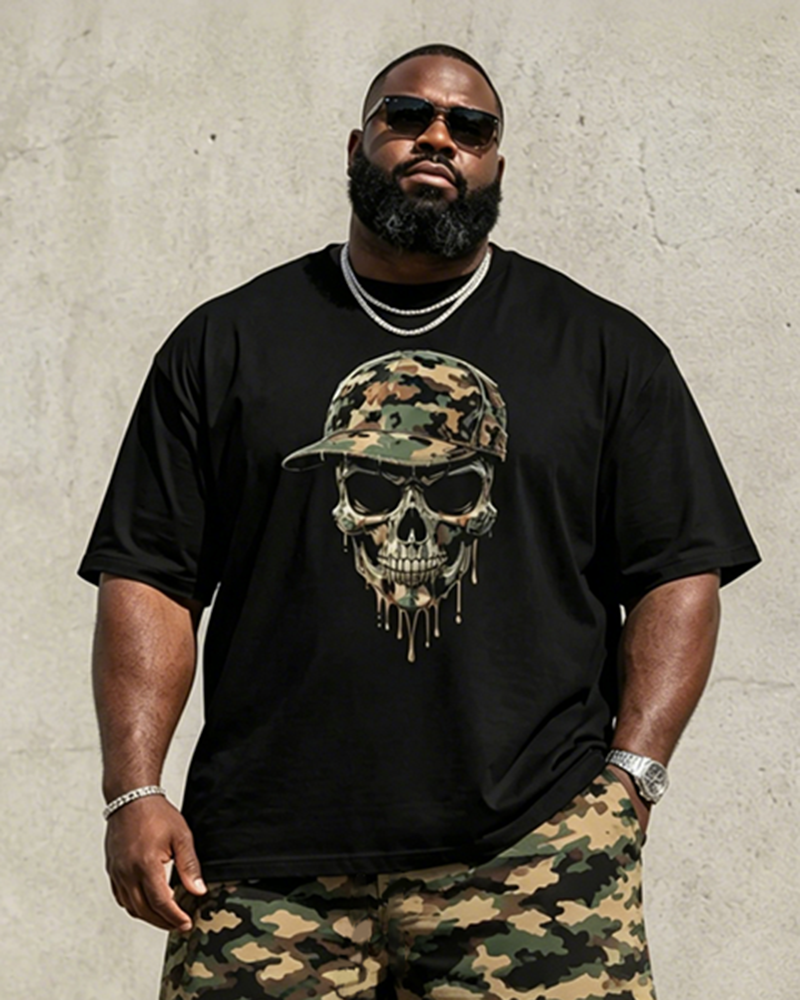 Big & Tall Men's Camouflage Skull Print Round Neck Short Sleeve T-Shirt Shorts Set