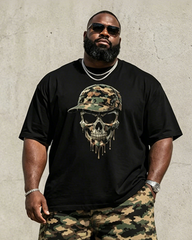 Big & Tall Men's Camouflage Skull Print Round Neck Short Sleeve T-Shirt Shorts Set