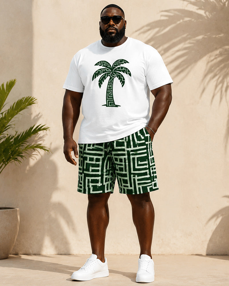 Big & Tall Men's Geometric Maze Coconut Print Round Neck Short Sleeve T-shirt Shorts Set