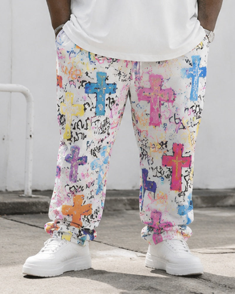 Big & Tall Men's Graffiti GOD IS GOOD Cross Print T-Shirt Trousers Set