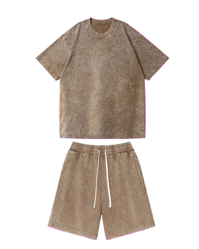S-3XL Heavyweight Pure Cotton Washed-and-distressed T-shirt And Capri Pants Casual Set