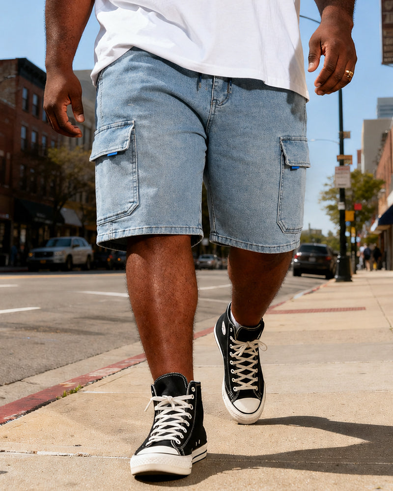 M-6XL Plus Size Washed Double-Sided Tooling Large Pocket Loose Denim Shorts