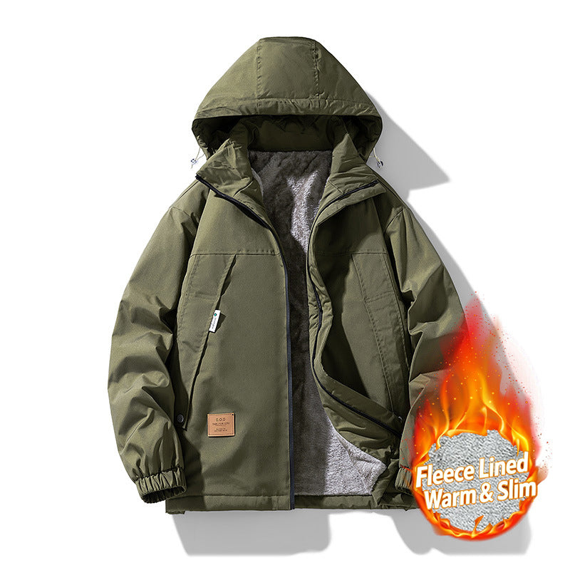 L-9XL Hooded Drawstring Solid Color Windproof Fleece Jacket