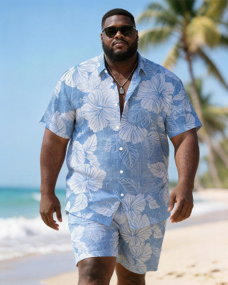 Big & Tall Men's Blue Hibiscus Flower Print Short Sleeve Shirt Shorts Set