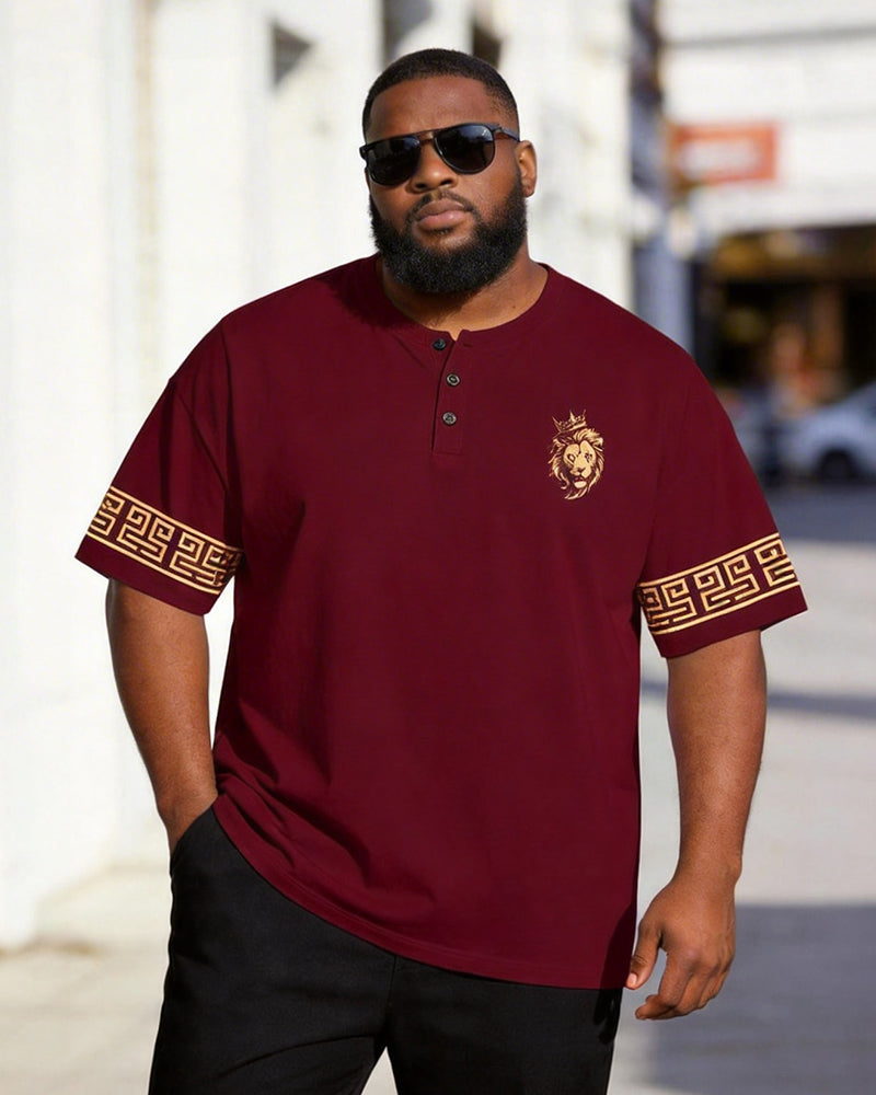 Big & Tall Men's Wine Red Lion Totem Ruffled Print Henry Collar Button Short Sleeve T-shirt