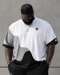 Big & Tall Men's Black And White Gray Gradient Wave Stitching Printed Round Neck Short Sleeve T-shirt Shorts Set