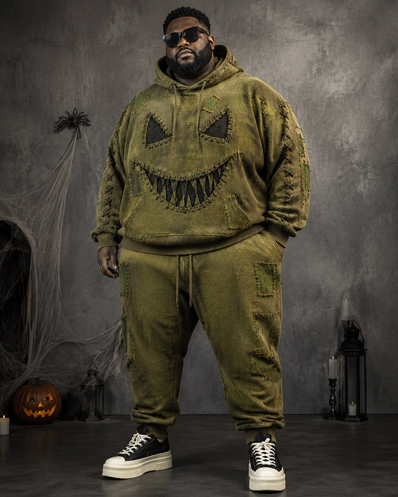 Big & Tall Men's Distressed Patch Demon Smiley Print Hoodie Set