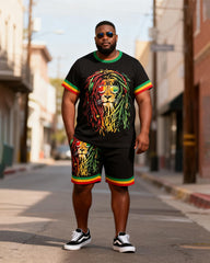Big & Tall Men's Reggae Color Dirty Braid Lion King Printed Crewneck Short Sleeve T-Shirt Shorts Set