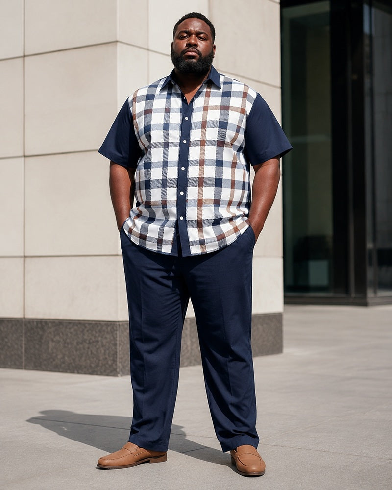 Big & Tall Men's Business Plaid Print Short Sleeve Shirt Pants Set