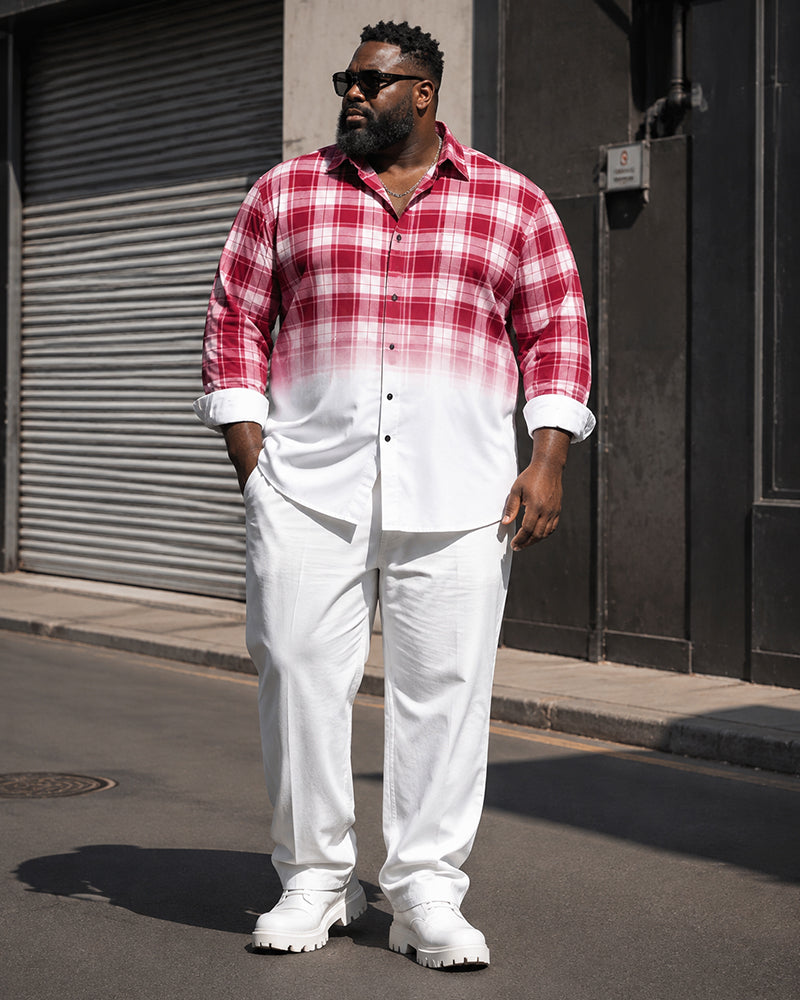 Big & Tall Men's Red And White Plaid Gradient Printed Long Sleeve Shirt Pants Set