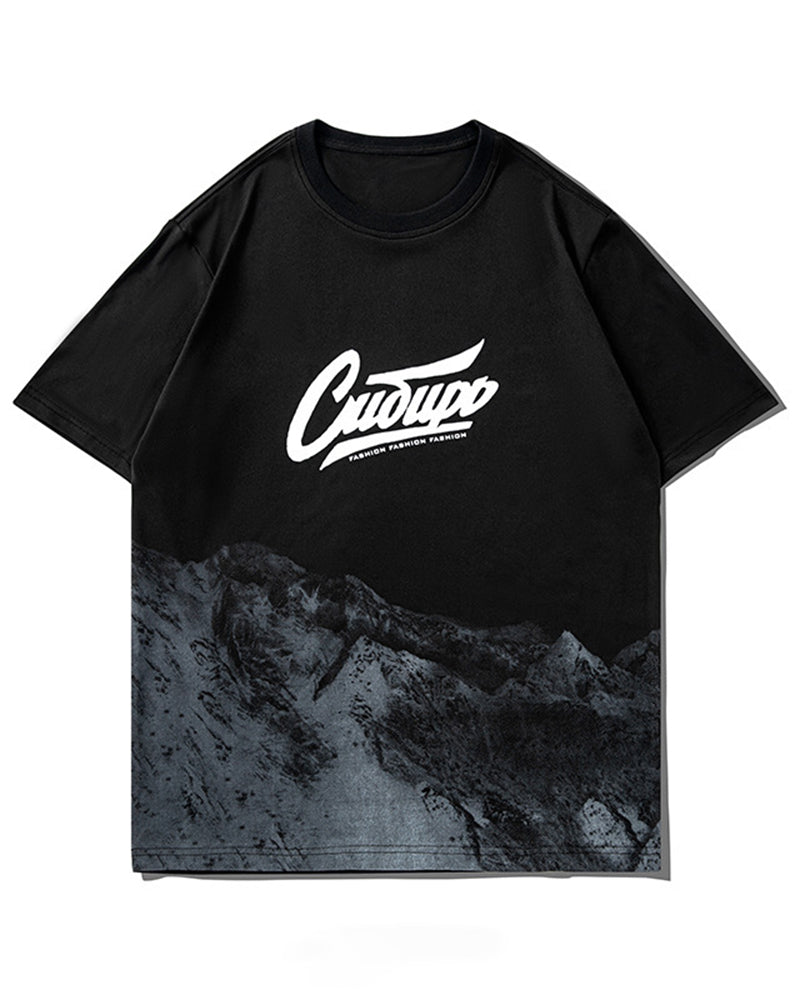 M-8XL Mountains Letter-Print Short-Sleeve Tee