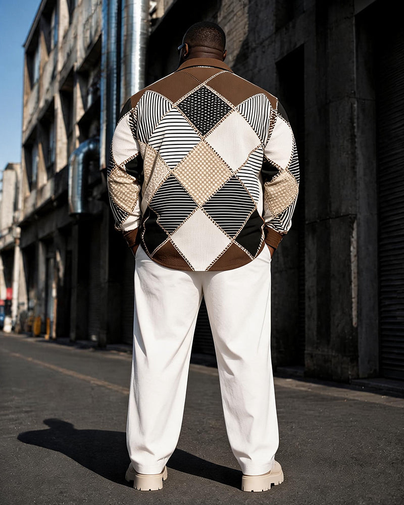 Big & Tall Men's Retro Rhombus Patchwork Printed Long Sleeve Shirt Trousers Suit