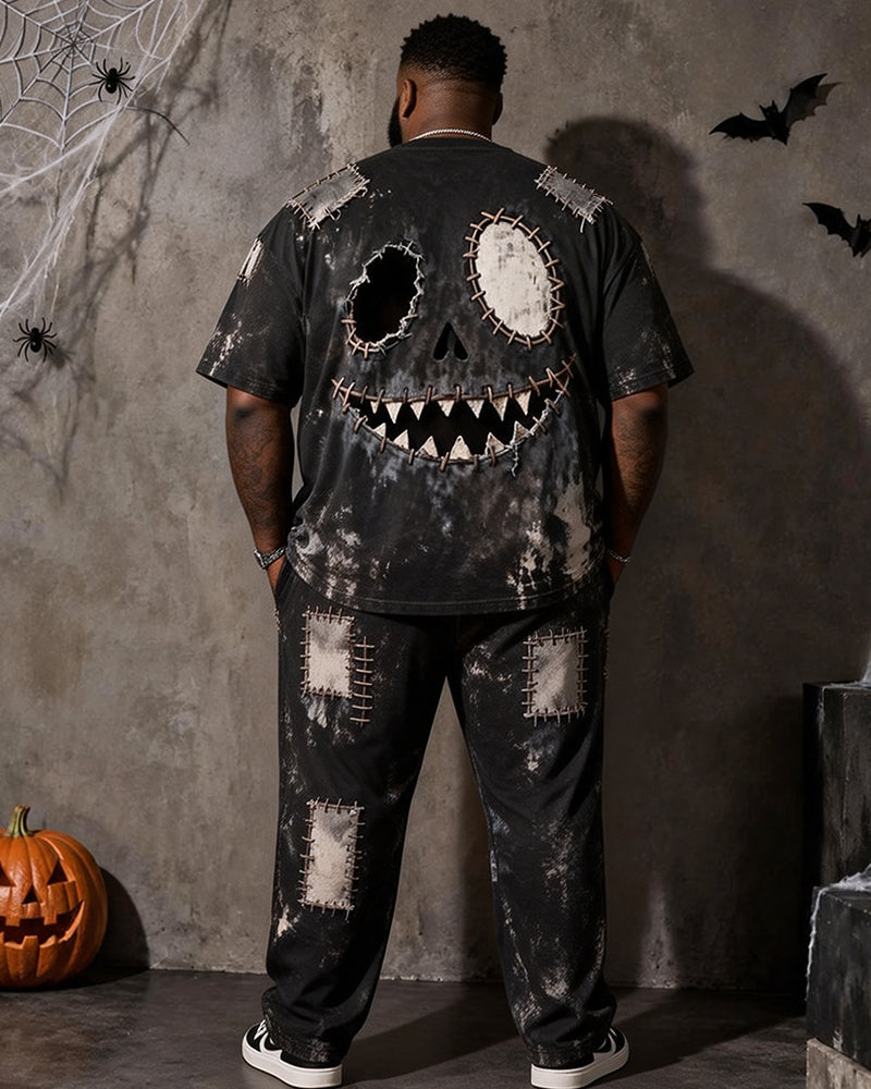 Big & Tall Men's Halloween Patch Ghost Print T-Shirt Pants Set