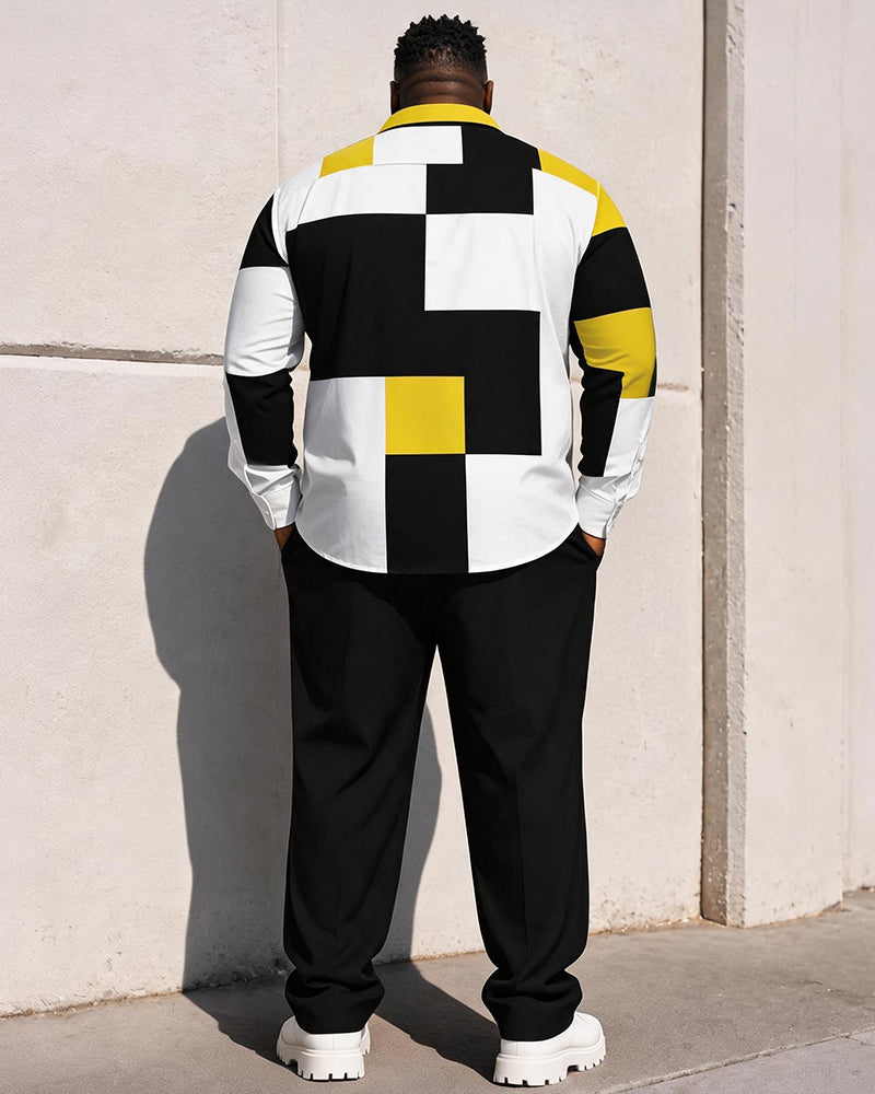 Big & Tall Men's Yellow Black And White Square Print Long Sleeve Shirt Pants Set