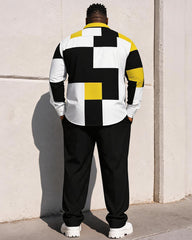 Big & Tall Men's Yellow Black And White Square Print Long Sleeve Shirt Pants Set