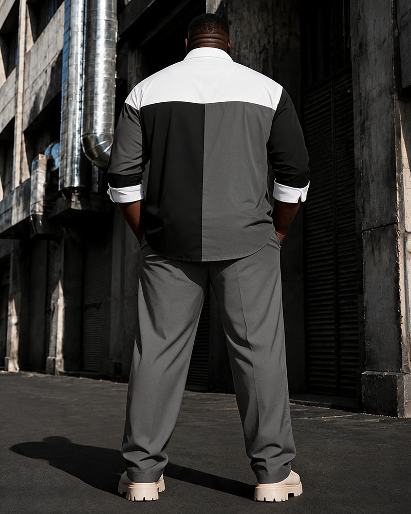 Big & Tall Men's Three-color Stitching Contrast Printed Long Sleeve Shirt Trousers Suit