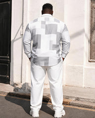 Big & Tall Men's Gray Geometric Block Printed Long Sleeve Shirt Trousers Set